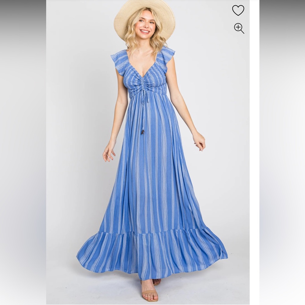Dress Day PinkBlush Blue Striped Off Shoulder Front Tie Maxi Dress, size Medium